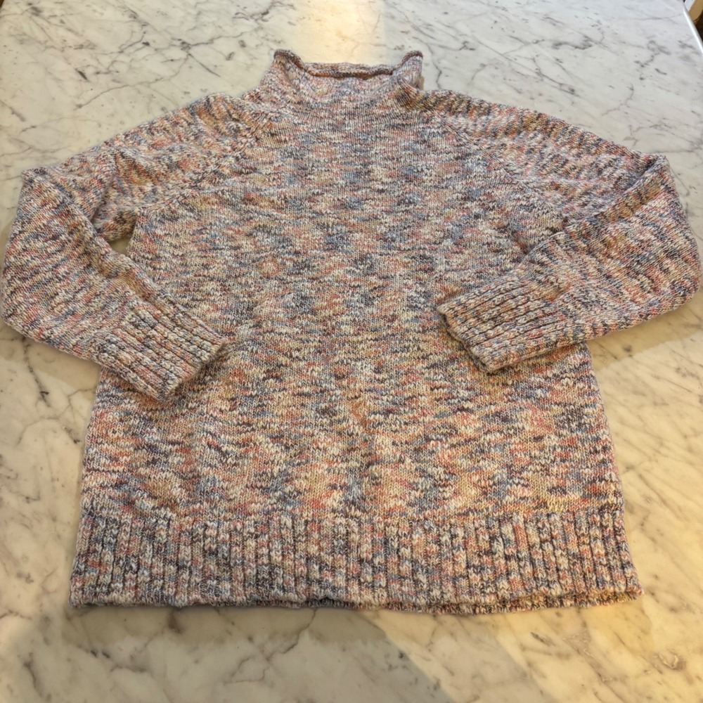 LL Bean Womens Small Petite Space Dye Funnel Neck CottonSweater Pink Blue 513755